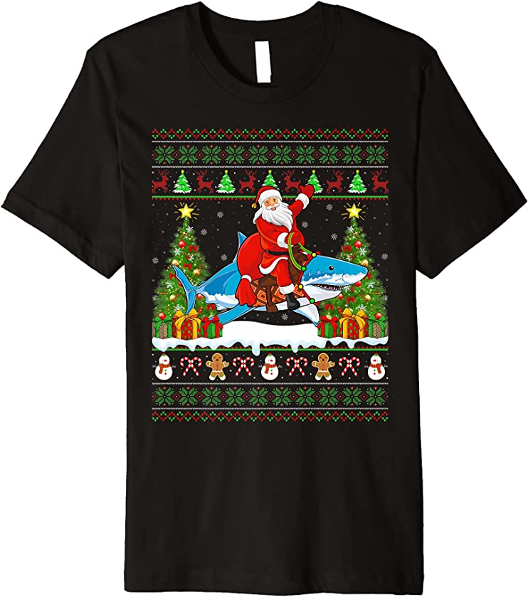 Shark Fish Lover Funny Ugly Santa Riding Shark Christmas Premium T-Shirt