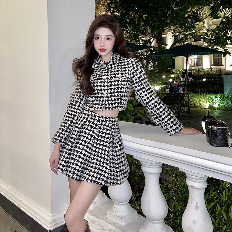 2022 New Spring Fall Women Two Piece Set Vintage Houndstooth Runway Style Short Jackets Coat+High Waist Mini Skirt Suits alx