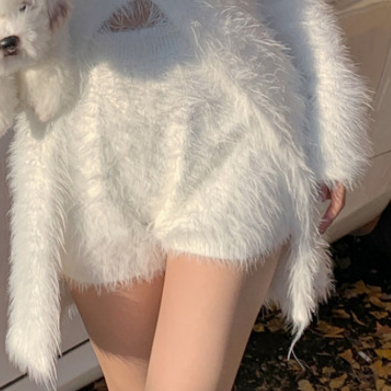 2022 Winter New Korean V-neck Sexy Hollow White Mink Cashmere Knitted Cardigan Women + Soft Slim Knitted Shorts Two Piece Suit alx