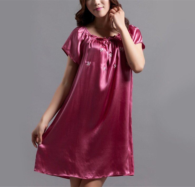 Women’s 100% Pure Silk Round Neck Embroidery Sleep Dress Sleepwear Nightdress Nightgown YM012 alx