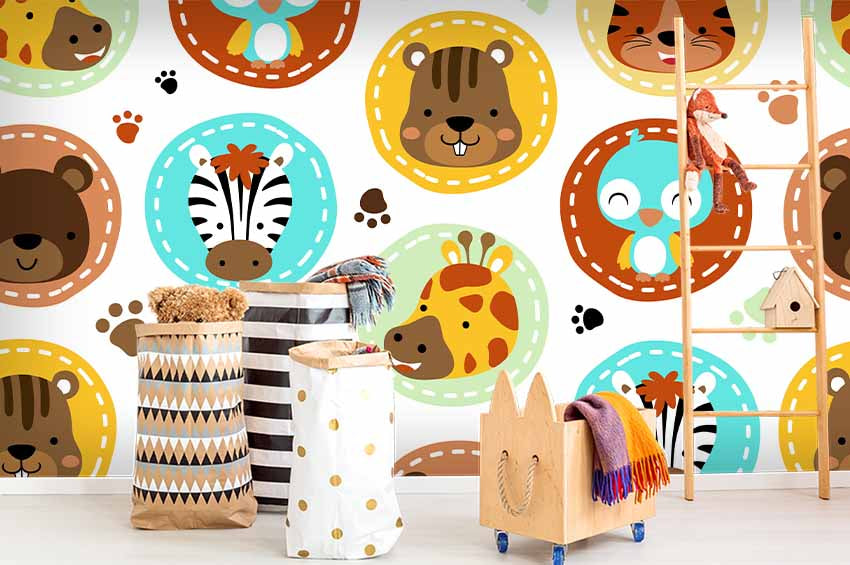 3D Color Cartoon Animals Bear Giraff Zebra Wall Mural Wallpa 86