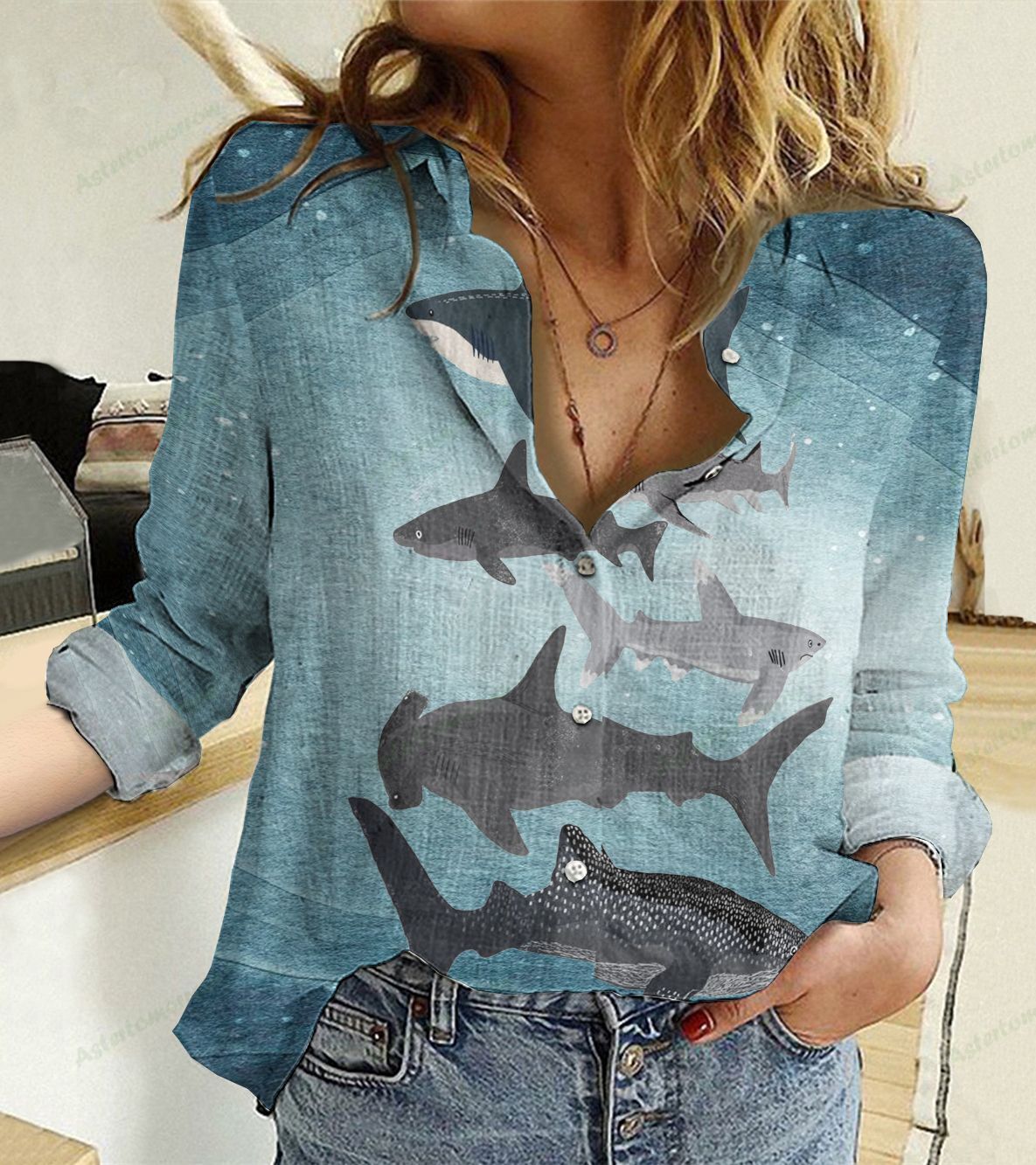 Watercolor Shark Cotton And Linen Casual Shirt For Men and Women, Unisex