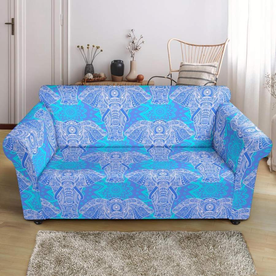 Blue Elephant Mandala Print Loveseat Cover