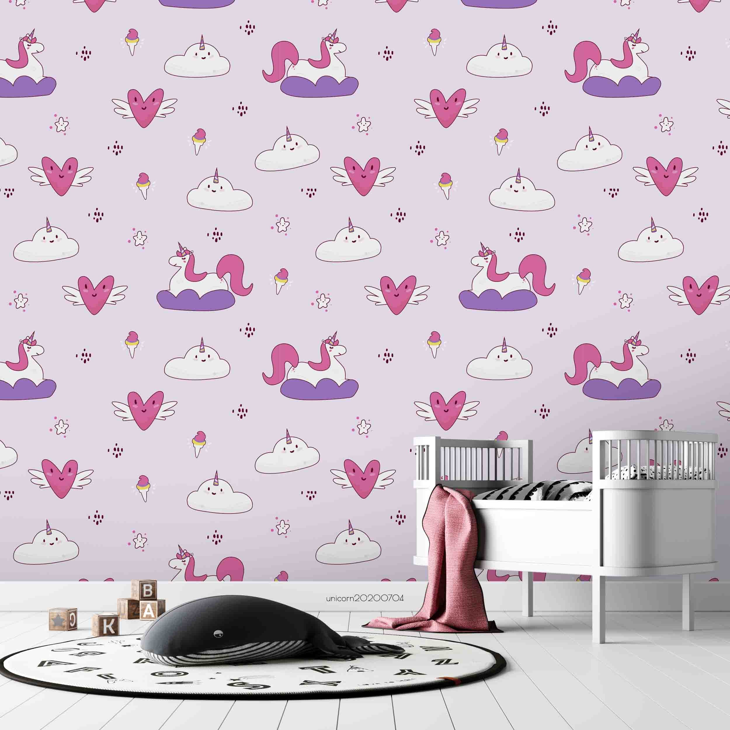 3D Cartoon Cloud Pink Unicorn Purple Wall Mural Wallpaper Lxl 252