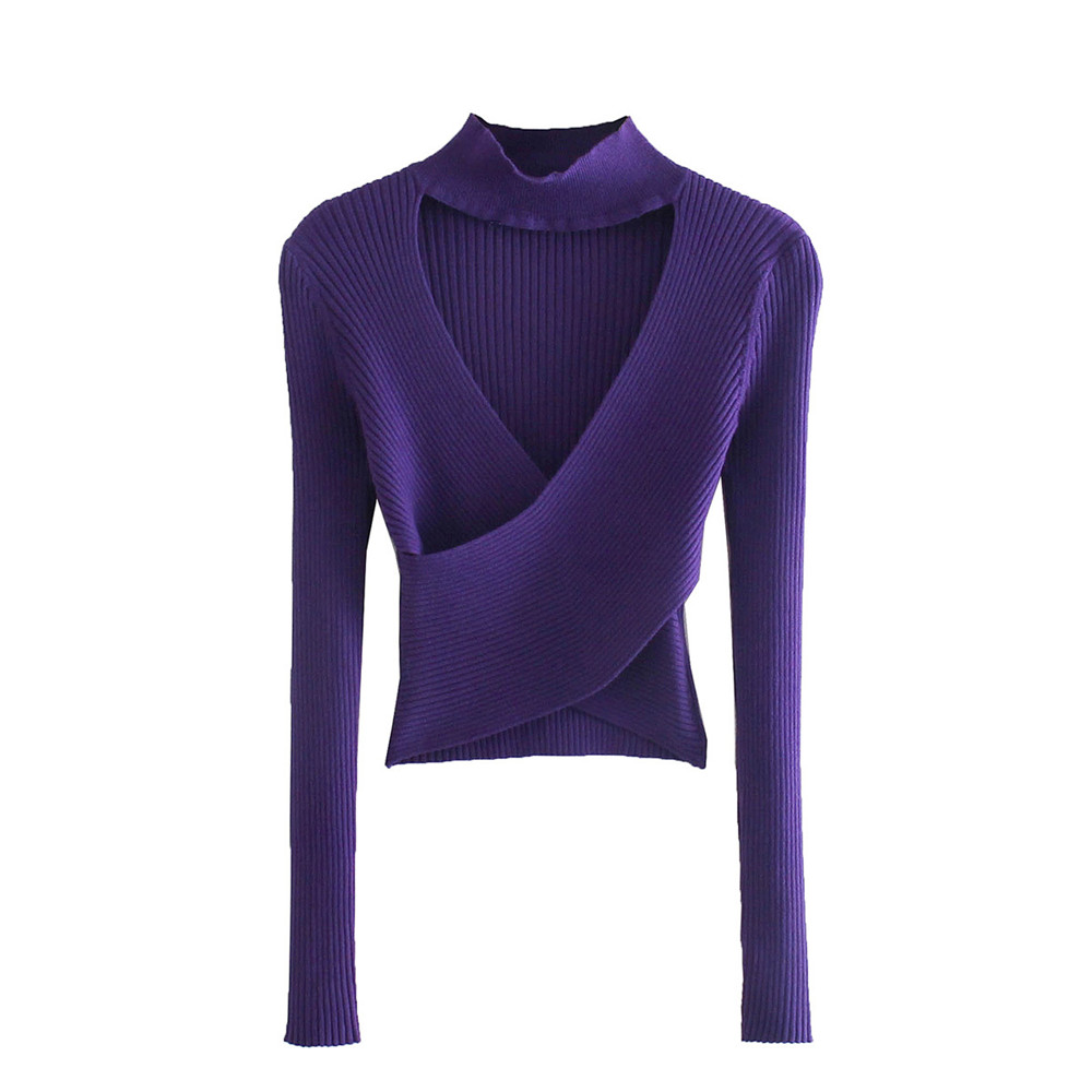 T MODA Women Sexy Fashion Green Purple Hollow Out Crop Knit Sweater Vintage High Neck Long Sleeve Female Pullovers Chic Tops alx