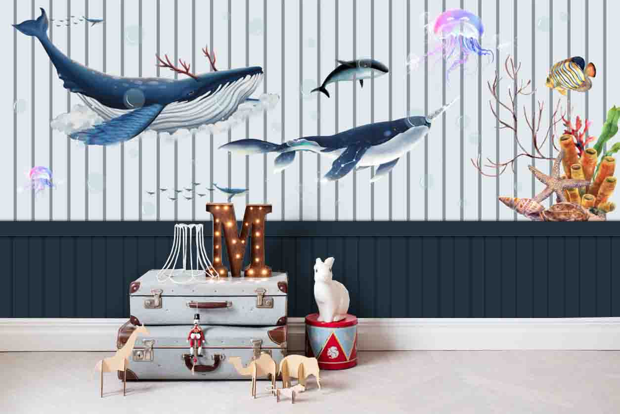 3D Cartoon Blue Fence Stripe Whale Wall Mural Wallpaper 28