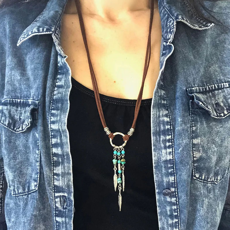 Boho style – Small feather charms with brown faux suede cord necklace that can be worn long or as a choker alx