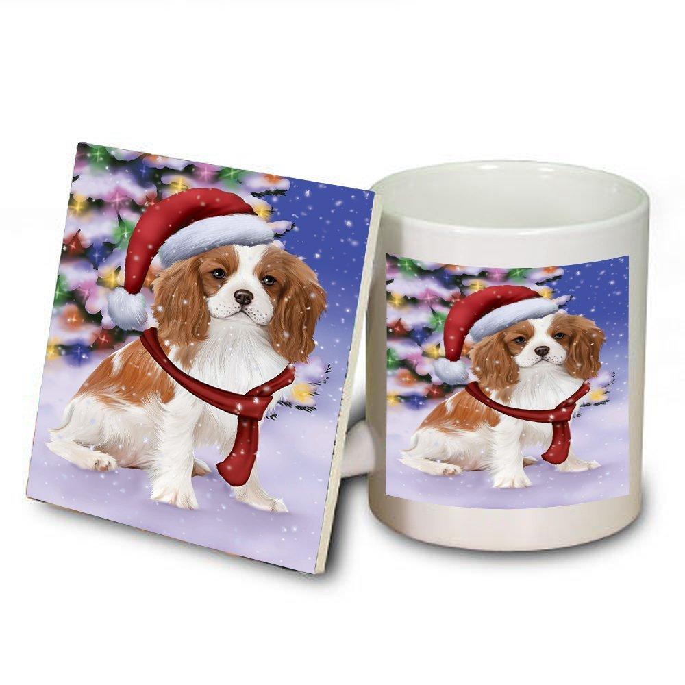 Winterland Wonderland Cavalier King Charles Spaniel Puppy Dog In Christmas Holiday Scenic Background Mug And Coaster Set