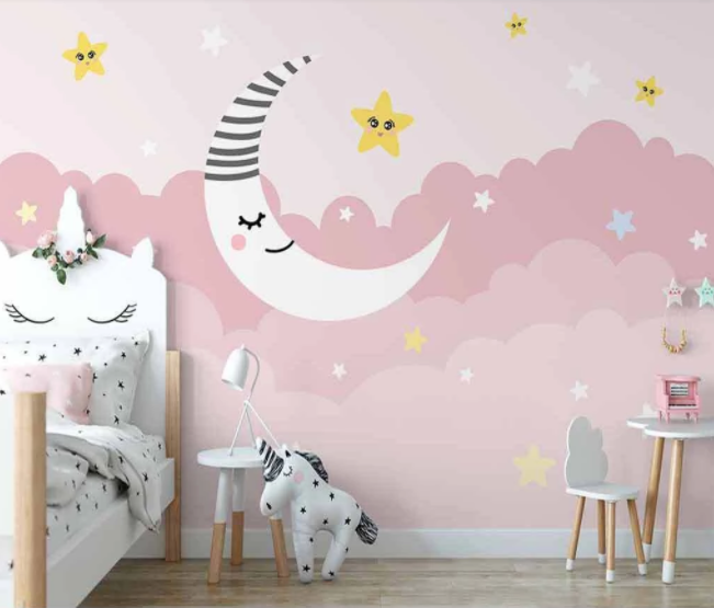 3D Cartoon Moon Star Unicorn Animal Pink Wall Mural Wallpaper Lxl