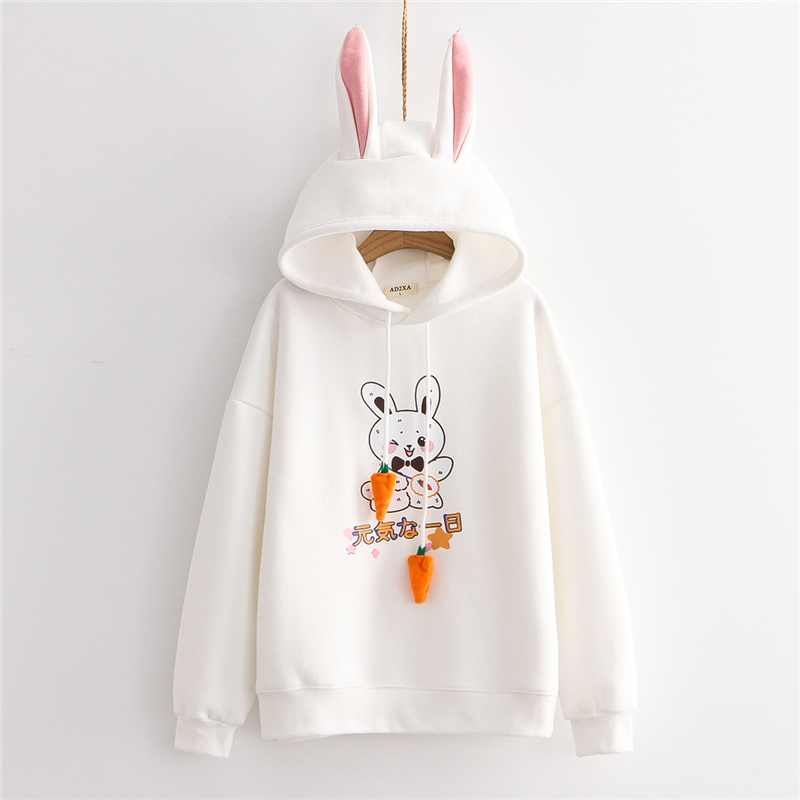 Bunny Ear Kawaii Pink Hoodies Women Cute Rabbit Graphic Fleece Sweatshirt Hoodie for Teen Girls Harajuku Japanese Pullover Tops alx