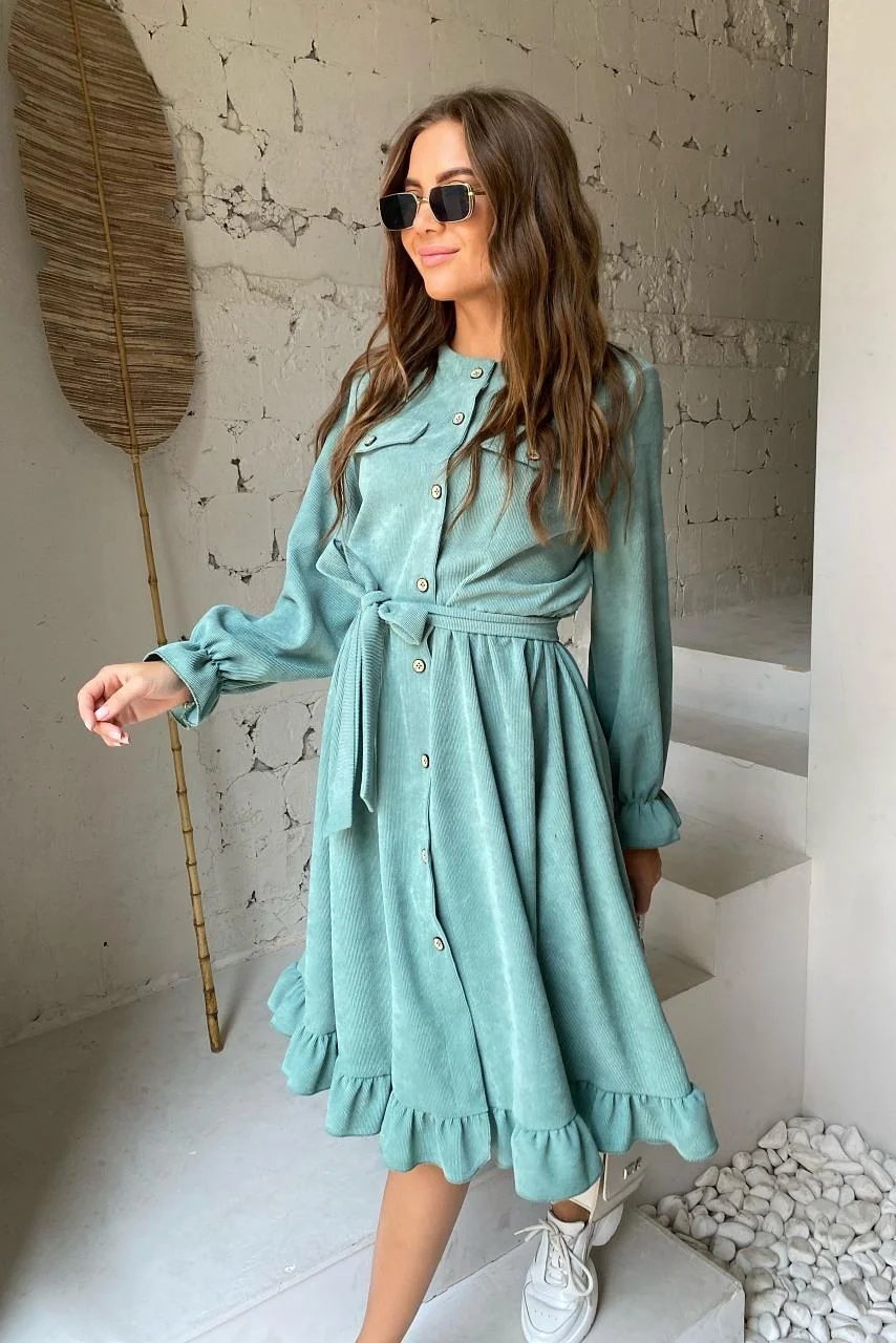 Women Corduroy Ruffle Dress Casual Long Sleeve O Neck Button Sashes Dresses Vintage A-Line Party Knee Dress 2021 Autumn Winter alx