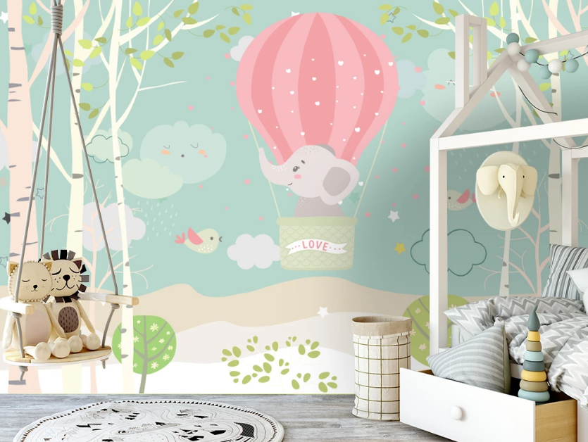 3D Cartoon Beach Tree Plant Pink Hot Air Balloon Elephant Animal Background Wall Mural Wallpaper Lxl