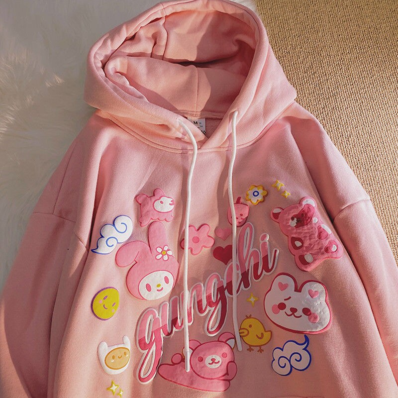 Cute Cartoon Print Hoodie Autumn Women Lovely Pink Sweatshirts Harajuku Casual Oversized Hoodies For Girl Teen Female Streetwear alx