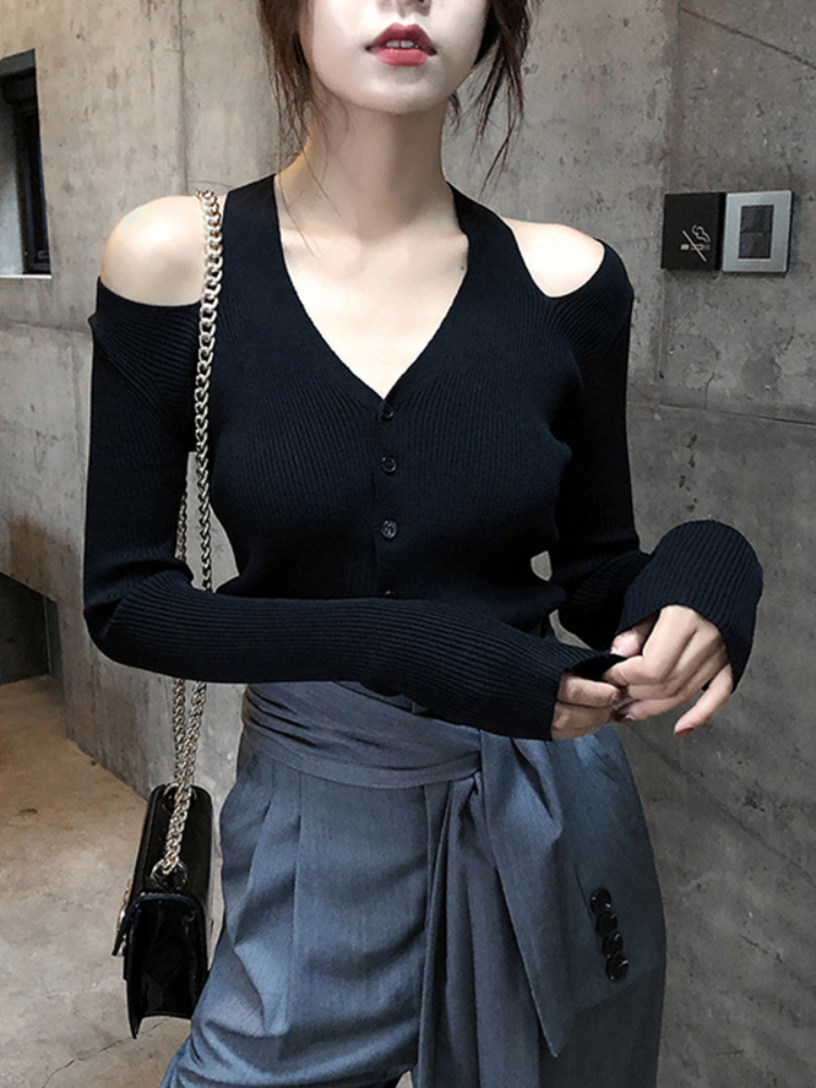 2022 Autumn Winter Korean Fashion Slim Sexy Knitted Cardigan Women V-neck Off-the-shoulder Long Sleeve Bottoming Women’s Sweater alx