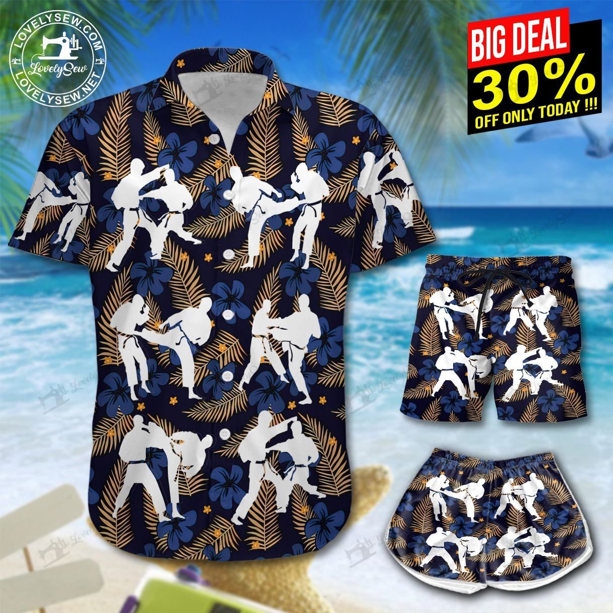 Male Karate Blue Flowers Hawaiian Shirt Shorts Ha4208