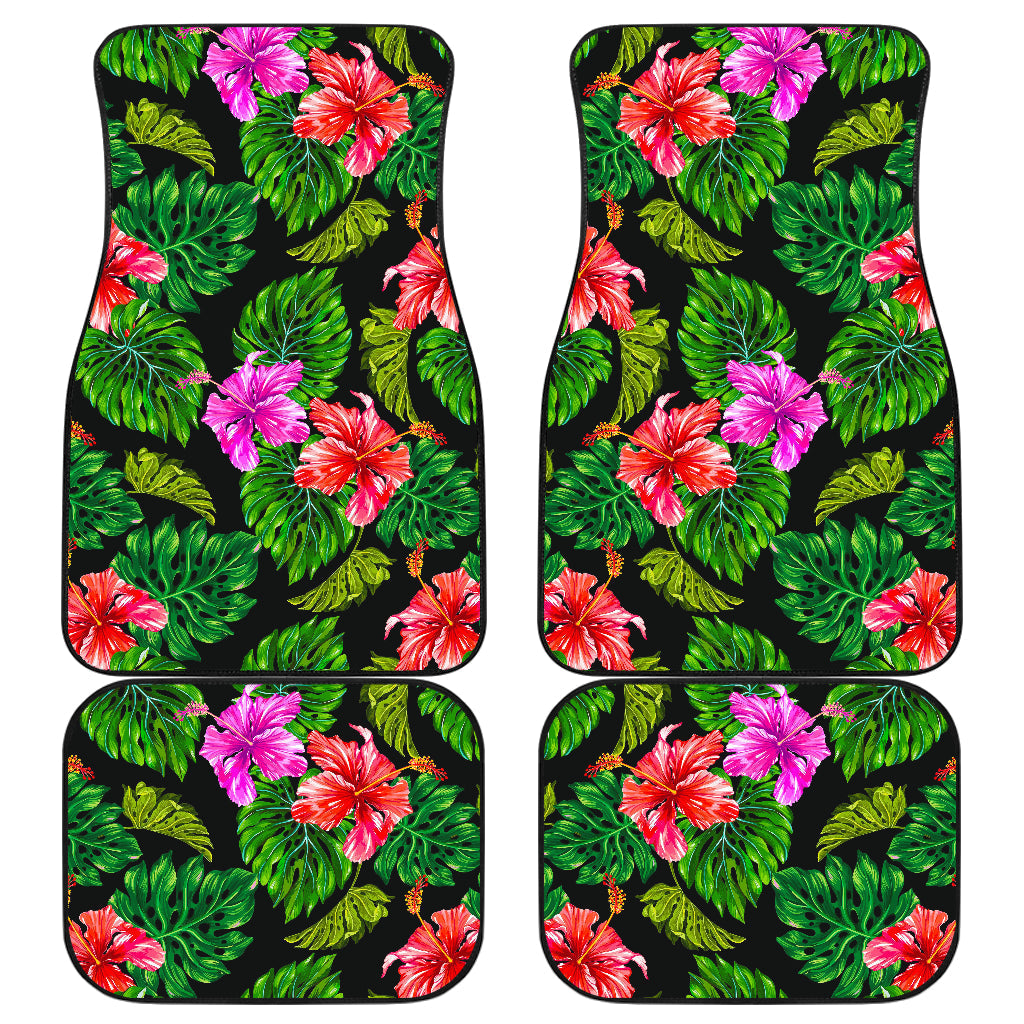 Monstera Hibiscus Hawaii Pattern Print Front And Back Car Floor Mats, Front Car Mat