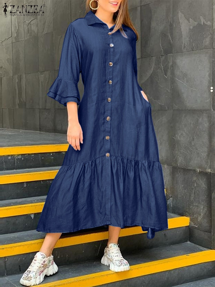 ZANZEA 2022 Women Shirt Dress Button Up Ruffle Loose Robe Casual Solid Flare Sleeve Sundress Office Lady Denim Blue Maxi Dresses alx