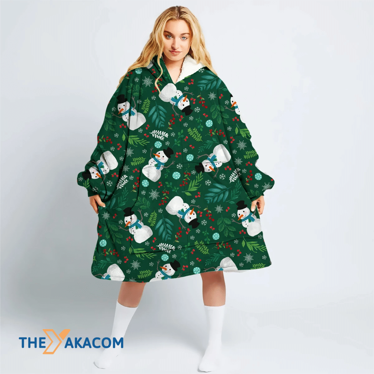 Lovely Snowman Cartoon On Separate Leaves And Berries Background Hoodie Blanket