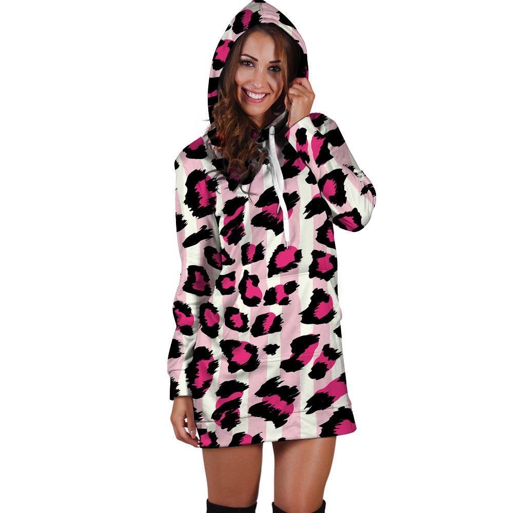 Pink Striped Leopard Hoodie Dress