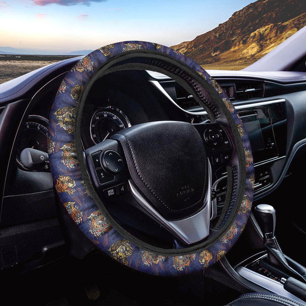 Blue Tiger Tattoo Pattern Print Car Steering Wheel Cover