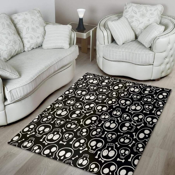 Black Cartoon Skull Area Rug