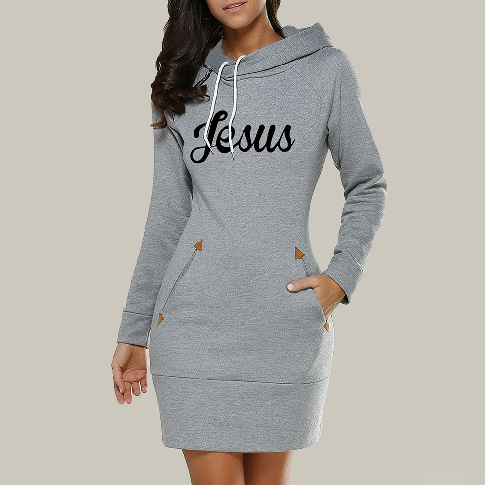 2022 Spring And Autumn Ladies Knee-Length Dress Hooded Warm Sweatshirt Long Sleeve Camp Collar Pocket Simple Casual Sports Dress alx