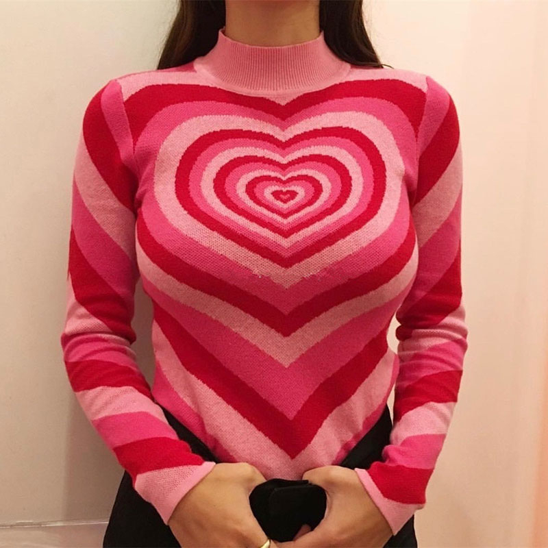 2022 Women’s Sweater Cute New Sweet Cute Retro Short Pullovers Particle Knit Cardigan Gradient Pink Heart Sweater Women SW95 alx