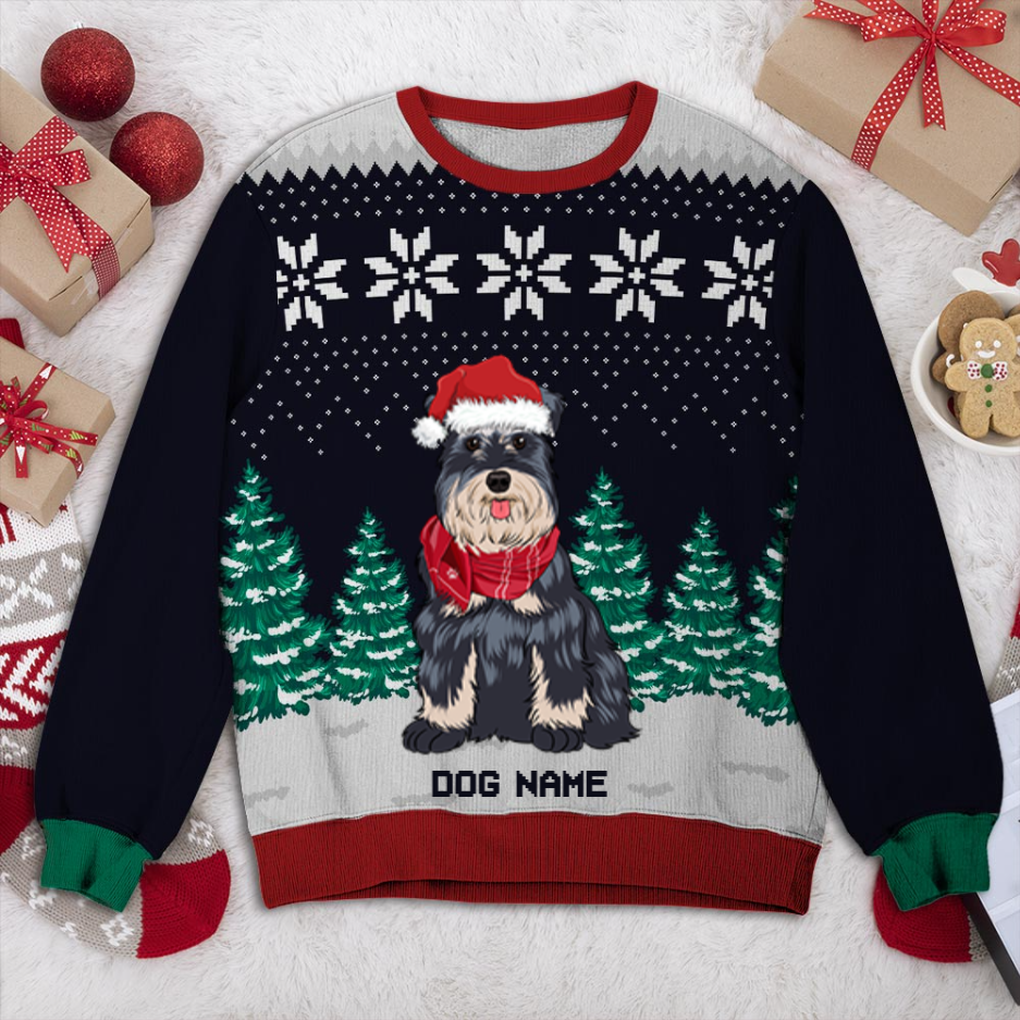 Schnauzer Dog And Christmas Tree Personalized Sweater, Dog Ugly Christmas Sweater