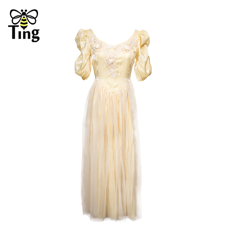 Tingfly Vintage Elegant Appliques Bell Yellow A Line Princess Dress Puff Sleeve Fitness Casual Midi Long Dress Vestidos Chic alx