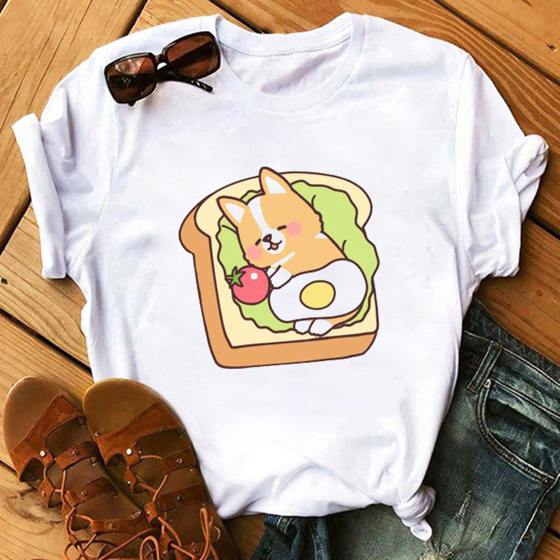 Women’s T-shirt Kawaii Corgi T-shirt Harajuku Cute Short Sleeve T-shirt 90s Korean Style T-shirt Fashion Top Female alx