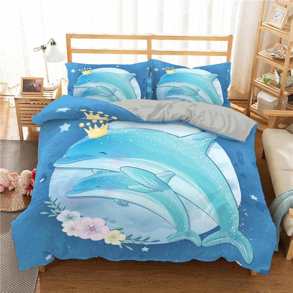 Bedding Set Boniu 3D Cartoon Sea Word Bedding Set Girl Boy Kid /Duvet Cover Set Dolphin Pillowcases