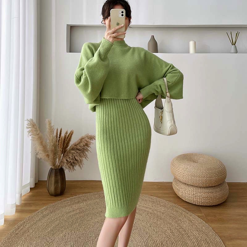 Batwing Sleeve Round Neck Soft Loose Knitted Sweaters Winter Sling Sleeveless Trumpet Dress For Women Two-piece Set Womens Suit alx