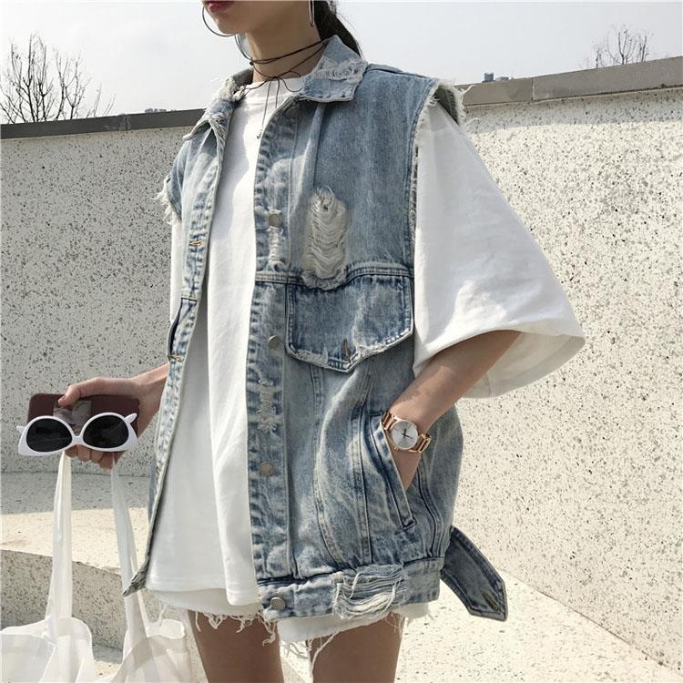 Vests Women Elegant Denim Hole Solid Preppy Style Single Breasted Sleeveless All-match Minimalist Basic Teens Classy Streetwear alx