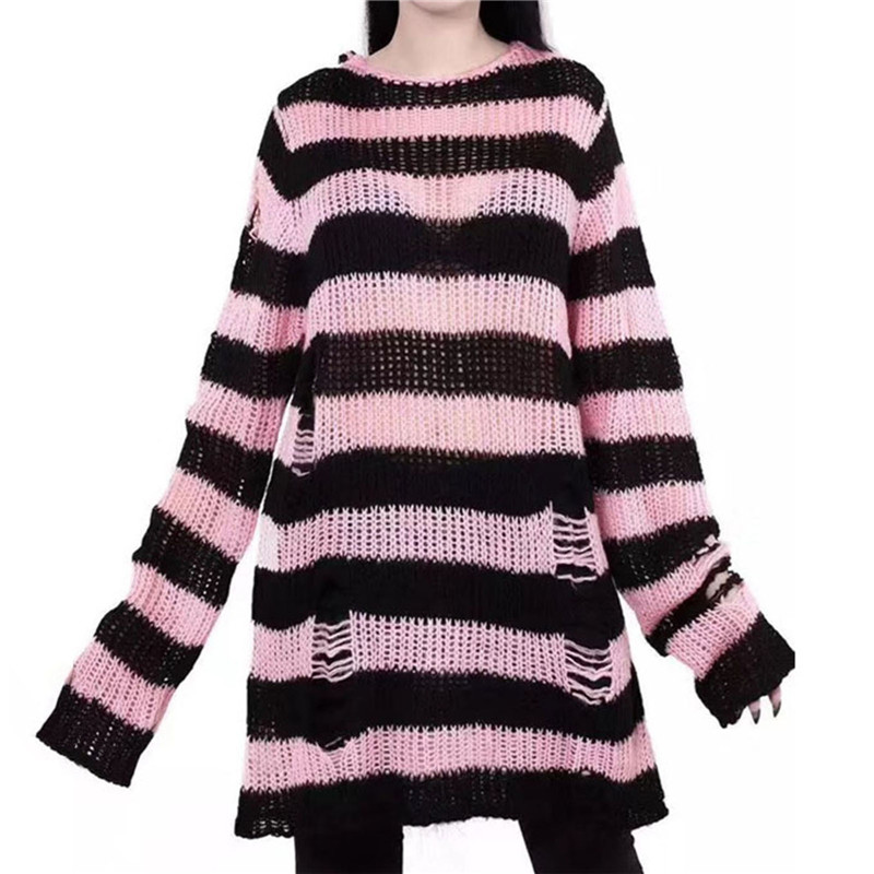 Women Y2K Striped Oversized Sweater Pullovers Ripped Punk Gothic Grunge Long Sweaters Harajuku Aesthetics Jumpers Tops alx