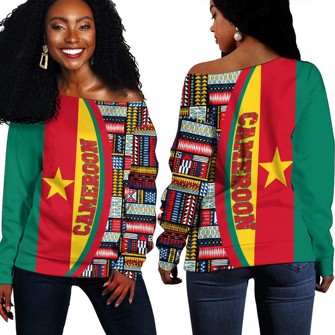 Africazone Clothing – Cameroon Flag And Kente Pattern Special Women’S Off Shoulder Sweaters A35