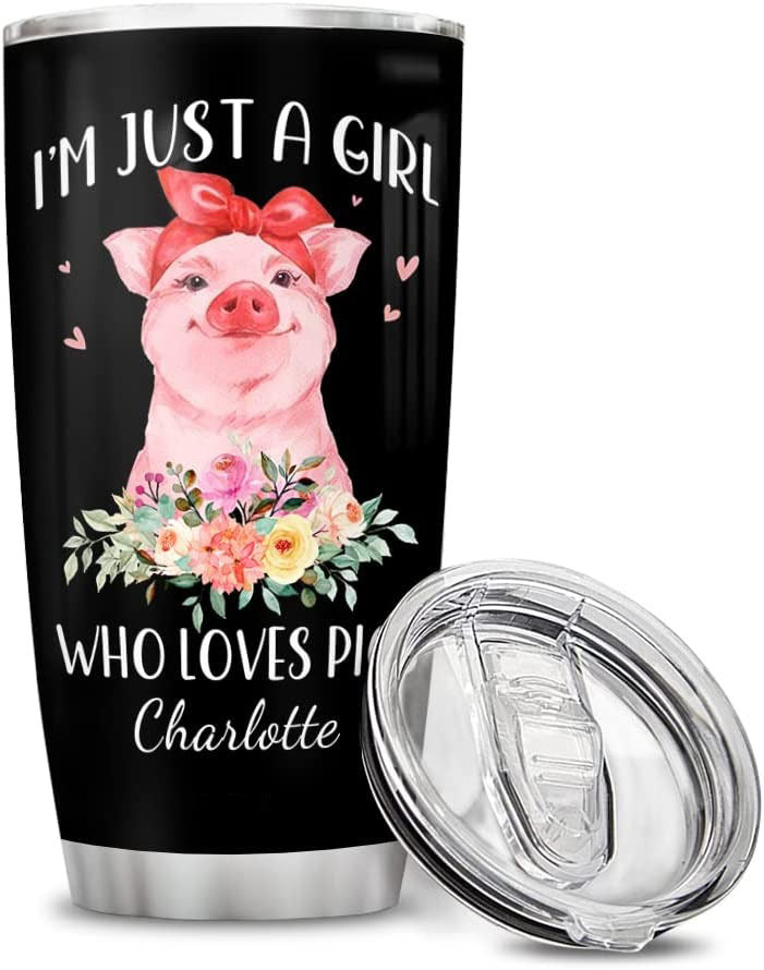 Personalized Pig Tumbler Cup With Lid 20 Oz 30 Oz Custom Name Just A Girl Who Loves Pigs Stainless Steel Double Wall Vacuum Tumblers Coffee Travel Mug Birthday Christmas Gifts For Women Girls