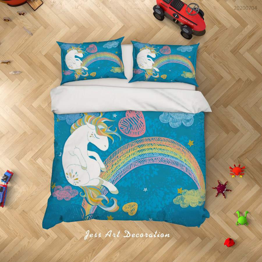 3D Blue Rainbow Heart Unicorn Quilt Cover Set Bedding Set Duvet Cover Pillowcases SF11