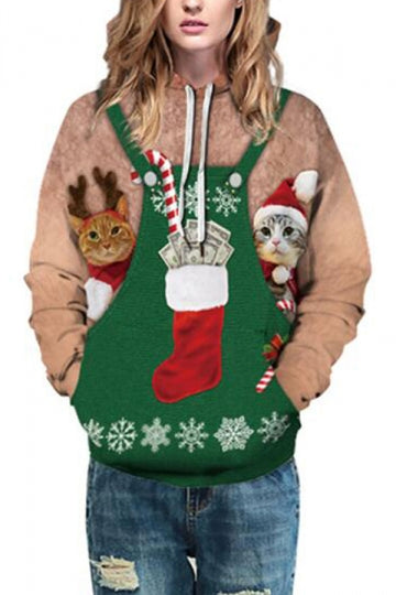 Plus Size Christmas Stocking Kitten Hoodie Green