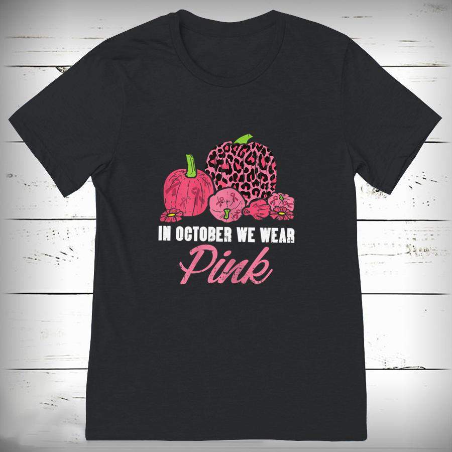 Womens In October We Wear Pink Leopard Pumpkin Breast Cancer Gift T Shirt