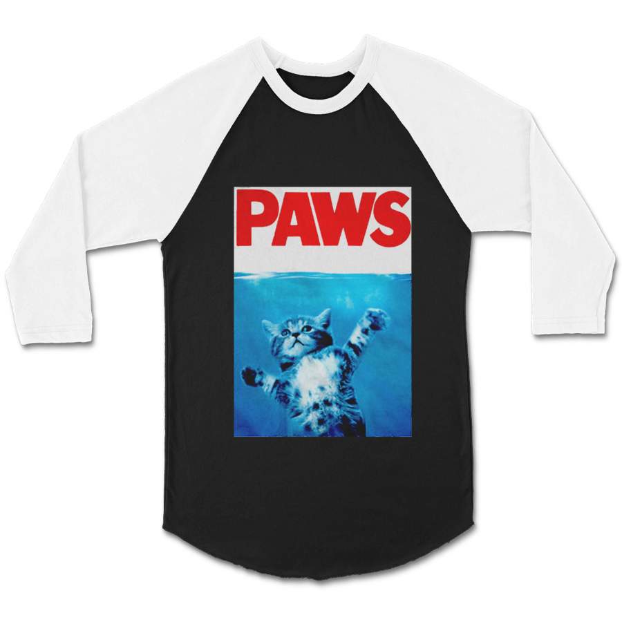 Paws Jaws Movie Kitten Kitty Funny Cute Cat Shark Gift For Him CPY Unisex 3/4 Sleeve Baseball Tee T-Shirt