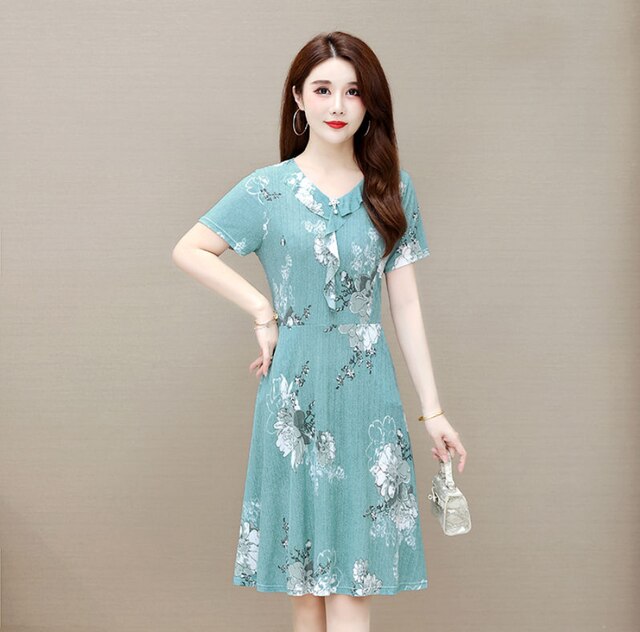 vestidos summer dress 50-year-old western style short-sleeved 2021 new Chinese women’s Plus size dress floral long skirt alx