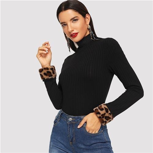 Black Elegant Leopard Print Fur Cuff Slim Fitted High Neck Long Sleeve Workwear Tee Autumn Casual Women Fashion Tshirt And Top