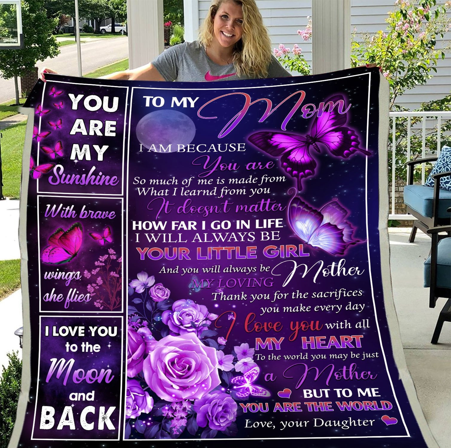 Mom Blanket, Best Mother’S Day Gift Ideas, To My Mom I Am Because You Are Purple Flowers Fleece Blanket