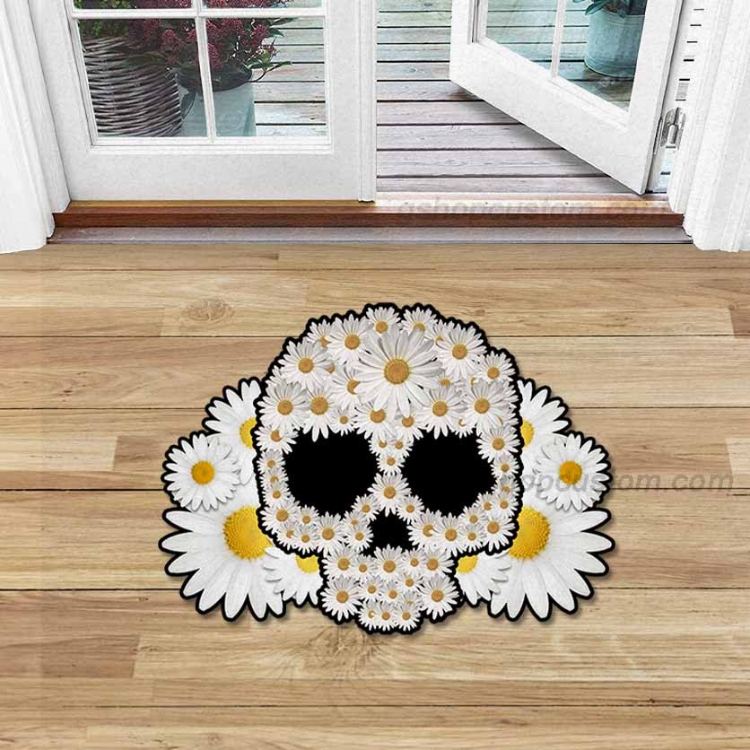 Skull Daisy Flower Tattoo Shaped Doormat Rug – Skull Flower Mom Home Decor Carpet – Sdm-A0014