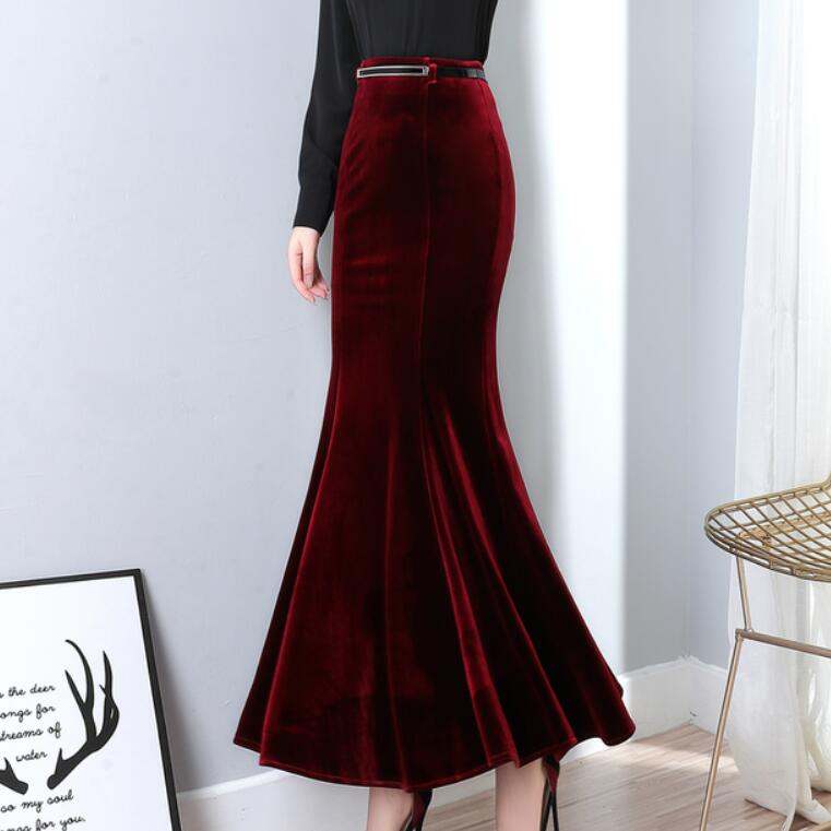 5XL! Autumn Vintage Velvet Black Maxi Long Mermaid skirt 2022 Fashion Women Elegant Velour Skirts With Belt alx