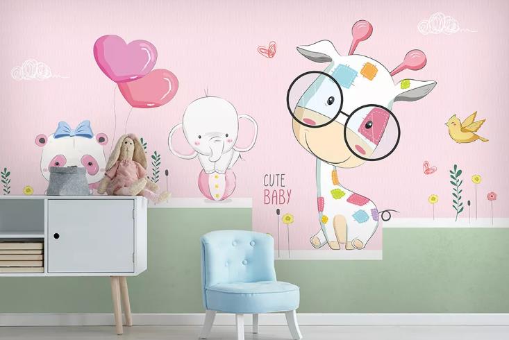 3D Pink Animal Giraffe Elephant Balloon Wall Mural Wallpaper Lqh 171