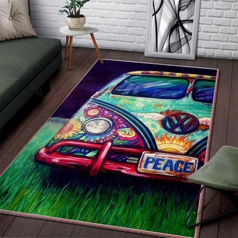 hippie peace love volkswagen car living room Rug