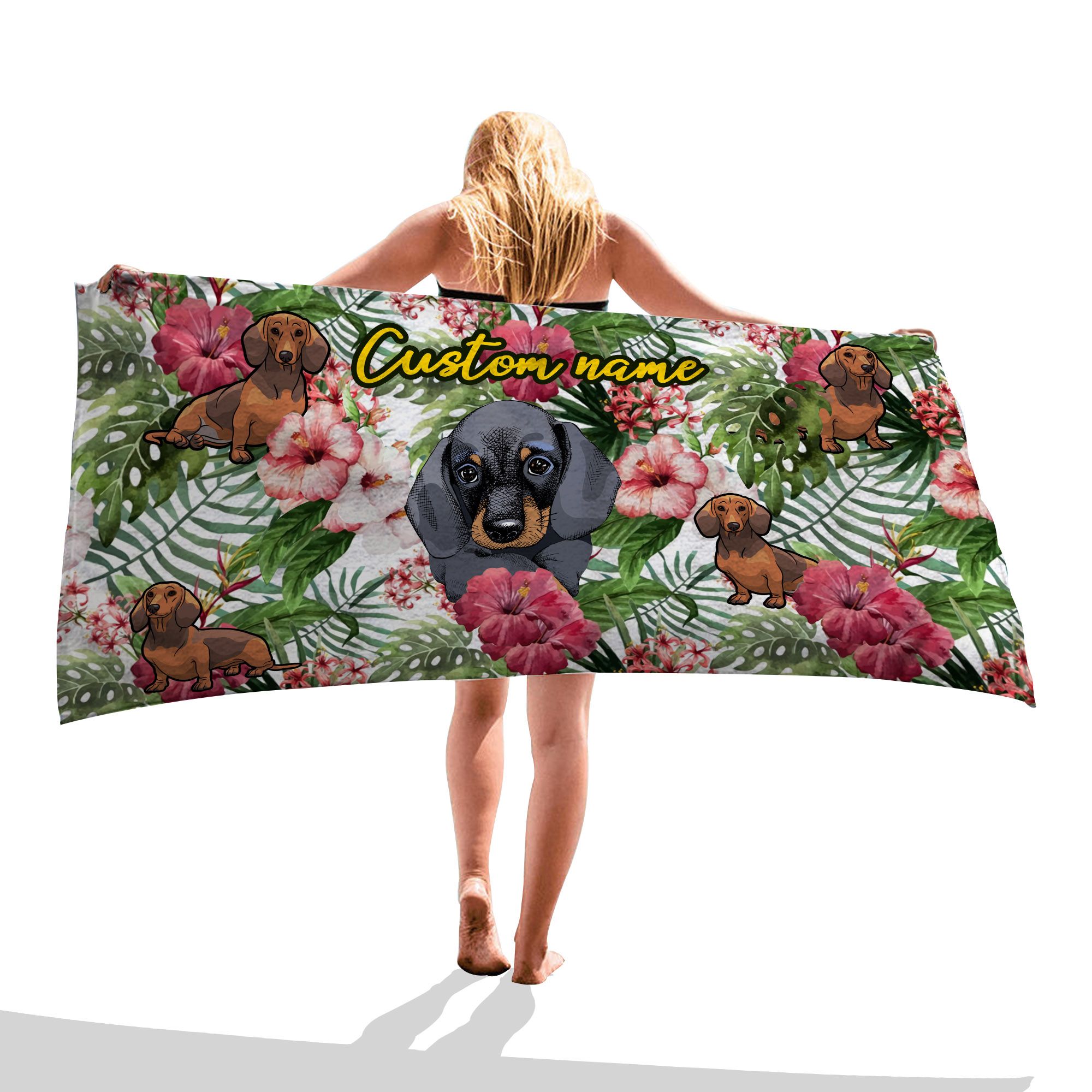 Dachshund Hawaii Hibiscus Flower Tropical Leaves Custom Name Beach Towel For Dog Lovers Ha36939