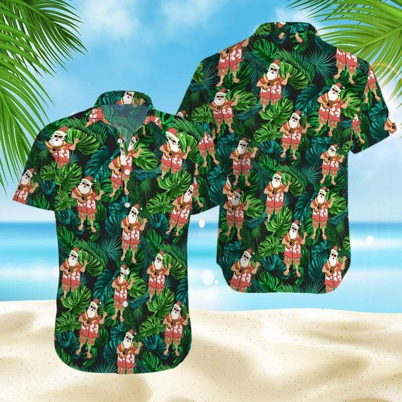 Christmas Santa Claus With Ukulele Funny Print Polyester Hawaii Aloha Shirt Ha25769