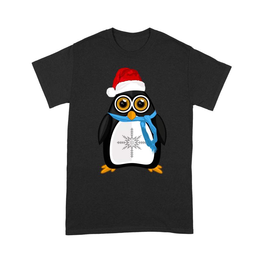 Christmas Gift Idea A Penguin Has Blue Scaft And Santa Hat Snowflake In Stomatch – Standard T-shirt